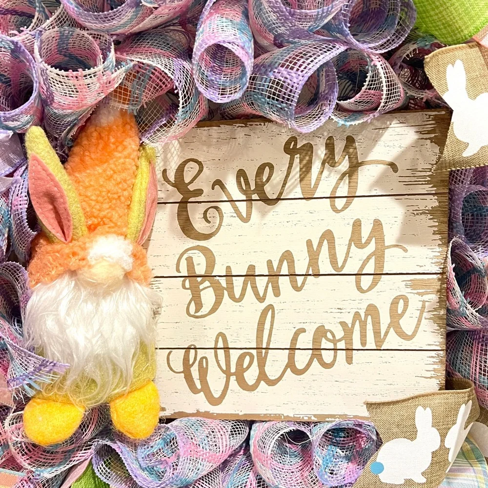 23” Easter Ribbon Wreath Bunny Gnome in Pink, Purple & White Handmade W6